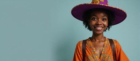 An animated African American witch in a friendly setting with a solid background and ample space for additional elements photo