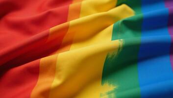 Closeup of a highresolution rainbow flag made from satin fabric with intricate folds and creases symbolizing LGBTQ pride and diversity photo