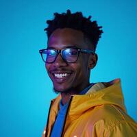 Portrait of a futuristic African American man with glasses against a blue backdrop conveying themes of technology and optics in a cyberpunkinspired brightly lit future setting photo