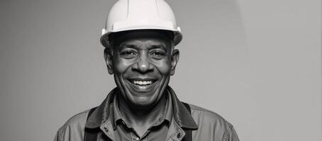 Elderly black man with a joyful grin wearing a 60sstyle construction outfit and hardhat photo