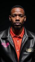 African American man in a bold jacket made from black leather photo