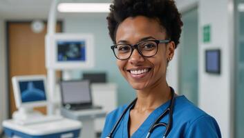 Portrait of black female doctor with stethoscope in modern hospital setting photo
