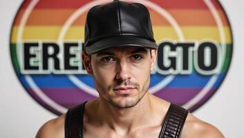 A gay man is depicted with a circular LGBTQ symbol wearing a leather cap and harness photo