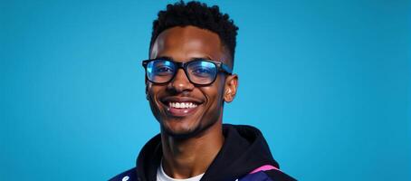 Portrait of a futuristic African American man with glasses against a blue backdrop conveying themes of technology and optics in a cyberpunkinspired brightly lit future setting photo