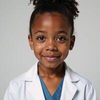 A highdefinition portrait depicts an ambitious African American child in medical attire symbolizing future success photo