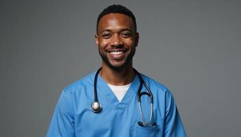 A friendly confident AfricanAmerican male nurse stands tall smiling warmly while wearing blue scrubs and a stethoscope exuding care and compassion in his expression photo