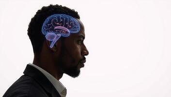 Sideview concept art showcases an African American man with a glowing brain against a white background featuring copy space for text photo