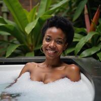 AfricanAmerican woman relaxing in tropical bubble bath surrounded by lush foliage photo
