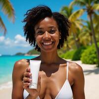 Highresolution portrait showcases a smiling Black woman with sunscreen and a tropical backdrop emphasizing the beauty product for advertising purposes photo