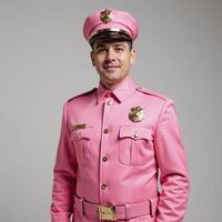 A man dressed in a pink gay cop uniform costume photo