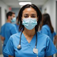A confident African American woman wearing a mask and uniform stands before a blurry hospital backdrop with colleagues photo