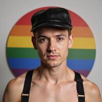 A gay man is depicted with a circular LGBTQ symbol wearing a leather cap and harness photo