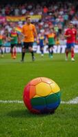 Overhead view of vibrant gay pride rainbowcolored soccer ball on a lush grassy sports field at an LGBT football event photo