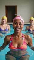 A joyful senior African American woman smiles confidently during a water aerobics class at an indoor pool surrounded by fellow participants photo