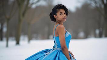 A stylish and elegant Black teenager wears an ethereal blue fantasy gown with her hair styled retrovintage for a captivating winter fairy tale scene in the historic romance aesthetic photo