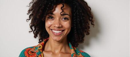 Vibrant portrait of an optimistic African American woman with curly hair Bright Joyful Dynamic photo