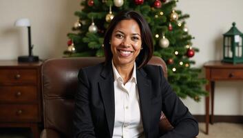 Office portrait of a serene middleaged African American businesswoman near a Christmas tree photo