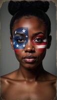 African American woman adorned with patriotic flag face paint rendered in grungy digital art style photo
