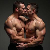 Intense passionate kiss between two muscular men undergoing giant hypermuscle transformation in a sensual primal scene photo