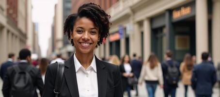 Black Woman stands proud amidst a diverse crowd headed for education an empowering and inspiring depiction photo
