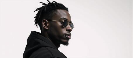 A young AfricanAmerican man wearing dreadlocks and sunglasses is depicted in profile view in a sleek modern art style on a minimalist allwhite backdrop photo