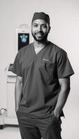 AfricanAmerican Radiologist with Xray Machine Vertical Shot on White Background photo