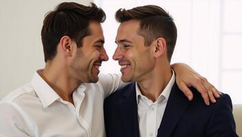 Couple shares intimate gazes in tender moment photo