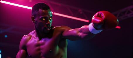 African American boxer midaction under bright pink neon lights with intense expression and shining eyes closeup reveals sweaty muscles embodying power and determination photo