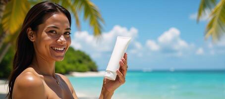 Highresolution portrait showcases a smiling Black woman with sunscreen and a tropical backdrop emphasizing the beauty product for advertising purposes photo