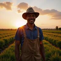 African American Farmer stands amidst harvested field during twilight photo