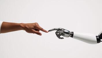 Robot hand touching AfricanAmerican arm on pure white backdrop symbolic representation of tech humanity connection photo