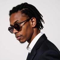 Modern Art Profile View Young AfricanAmerican Male Model in Dreadlocks Sunglasses Against White Background photo