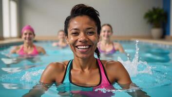 A joyful senior African American woman smiles confidently during a water aerobics class at an indoor pool surrounded by fellow participants photo