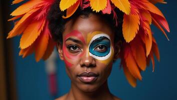 Vivid portrait showcases an adorned African American woman with colorful feathers and abstract face painting photo