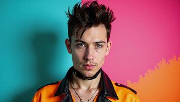 A punk gay character sporting spiky hair is depicted against an abstract background using neon colors photo