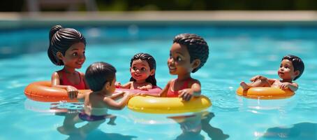 African American family enjoying summertime fun in a miniature swimming pool represented as colorful figurines photo