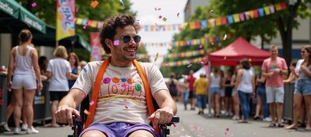 Disabled gay man exults at Summer Pride Festival amidst colorful confetti photo