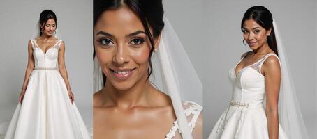 Black bride adorned in white wedding gown with veil and bridal makeup for ceremony photo