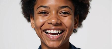 A joyous positive AfricanAmerican woman beaming with happiness captured in a captivating portrait photo