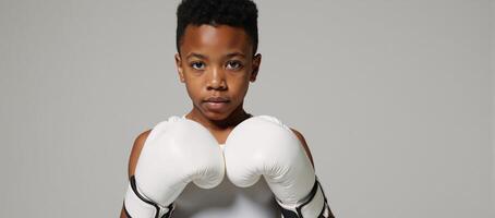African American boy donning boxing gloves ready for action photo