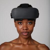 Closeup image of an African American woman wearing VR glasses photo