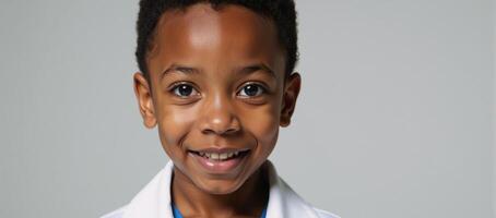A highdefinition portrait depicts an ambitious African American child in medical attire symbolizing future success photo