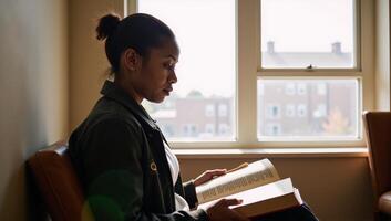 A sunlit college library scene Closeup of deep concentration on an African American student with a book seated in a cozy corner photo