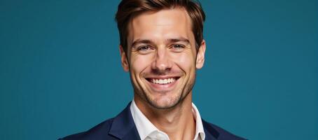 Elegant African American male model with brown hair against blurred deep sky blue background photo