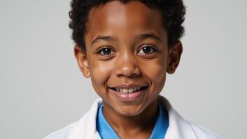 A highdefinition portrait depicts an ambitious African American child in medical attire symbolizing future success photo