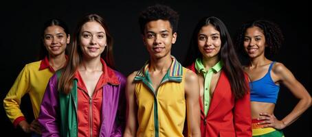 Studio portrait featuring young multiracial individuals dressed as LGBTQ characters captured from the waist up against a black backdrop photo