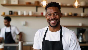A portrait showcases a happy AfricanAmerican barista in uniform serving coffee with a smile photo