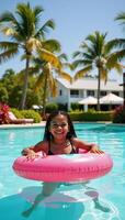 A joyful African American girl frolics on a vibrant pool float at a sunlit tropical resort with a carefree summer ambiance photo