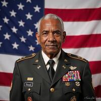 An elderly AfricanAmerican veteran stands proudly before an American flag in his military uniform adorned with medals for Veterans Day photo