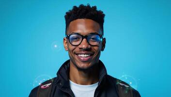 Portrait of a futuristic African American man with glasses against a blue backdrop conveying themes of technology and optics in a cyberpunkinspired brightly lit future setting photo